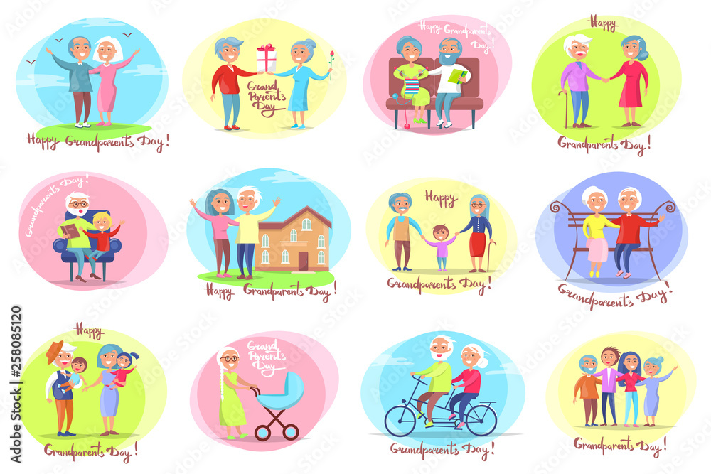 Grandparents day set of posters with daily activities of grandmother and grandfather with their grandchildren vector illustration