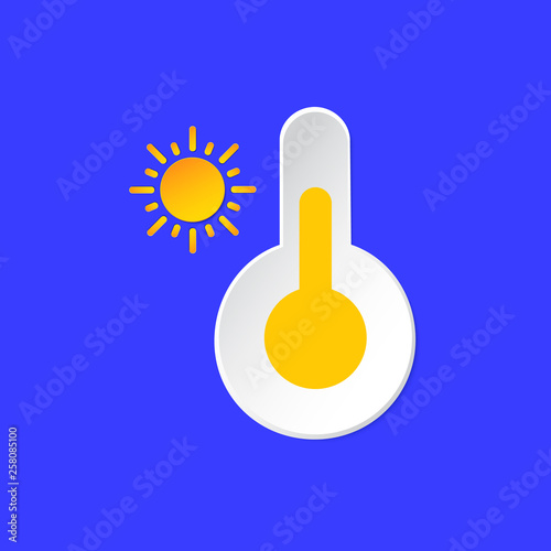 Thermometer, temperature emblem. Sunny Day Weather info icon. Yellow Sun and Barometer sign paper cut style on blue. Climate weather element. For Metcast WF report, meteo app, web.