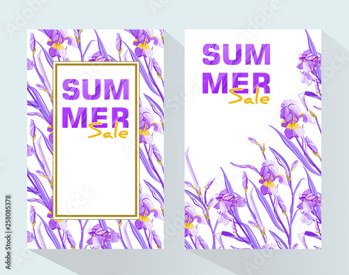 Summer sale banners with blue and purple flowers, flower iris design for banner, flyer, invitation, poster, placard, web site or greeting card. Vector illustration