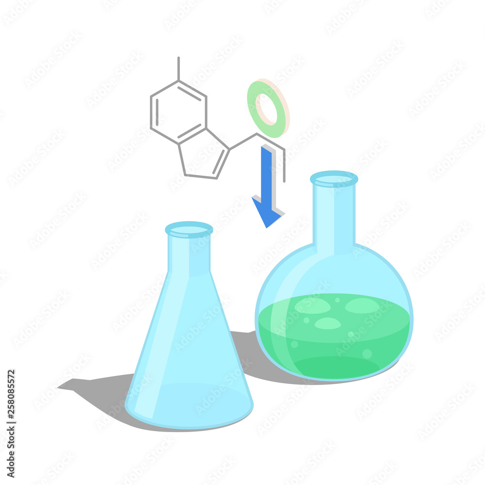 Empty flask and with green chemical substance inside isolated vector illustration on white background. Formula of organic compound above equipment. Empty flask and with green chemical substance inside isolated vector illustration on white background. Formula of organic compound above equipment.