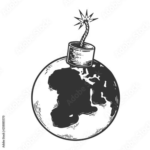 Bomb explosive planet earth war danger metaphor sketch engraving vector illustration. Scratch board style imitation. Black and white hand drawn image.