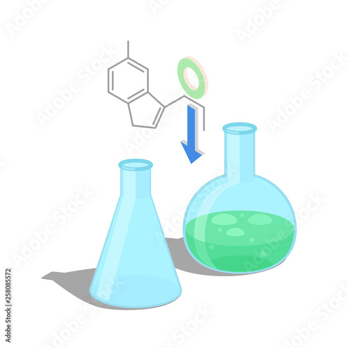 Empty flask and with green chemical substance inside isolated vector illustration on white background. Formula of organic compound above equipment.