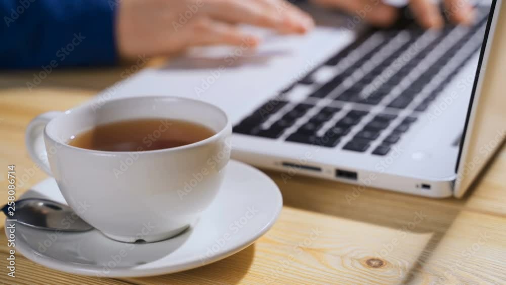 Female hands typing on laptop, drinking coffee. Keyboard typing hands.