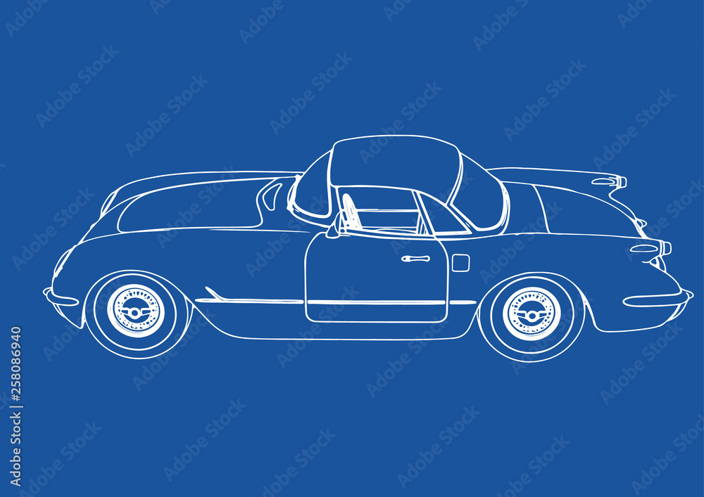 drawing of a retro sport car on blue background vector