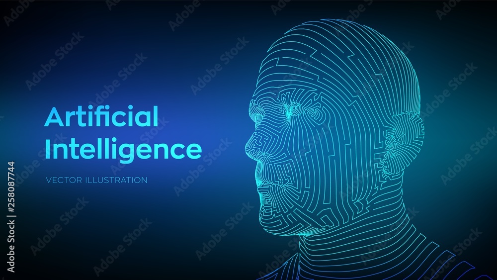 AI. Artificial intelligence concept. Ai digital brain. Abstract digital human face. Human head in robot digital computer interpretation. Robotics concept. Wireframe head concept. Vector illustration. AI. Artificial intelligence concept. Ai digital brain. Abstract digital human face. Human head in robot digital computer interpretation. Robotics concept. Wireframe head concept. Vector illustration.