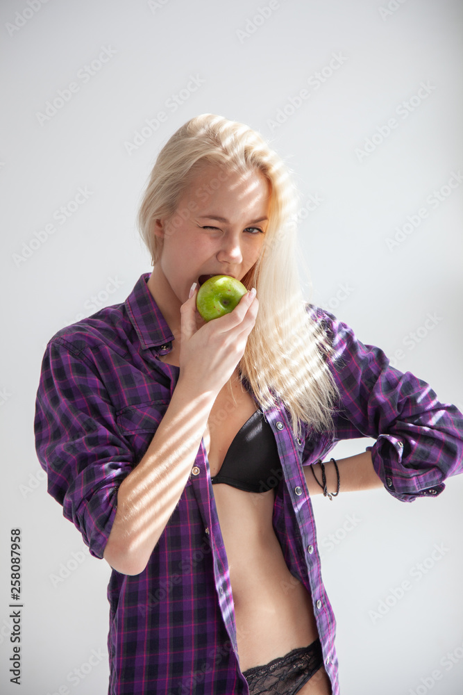 Amazing blond girl posing for photo in loft photo studio Amazing blond girl posing for photo in loft photo studio