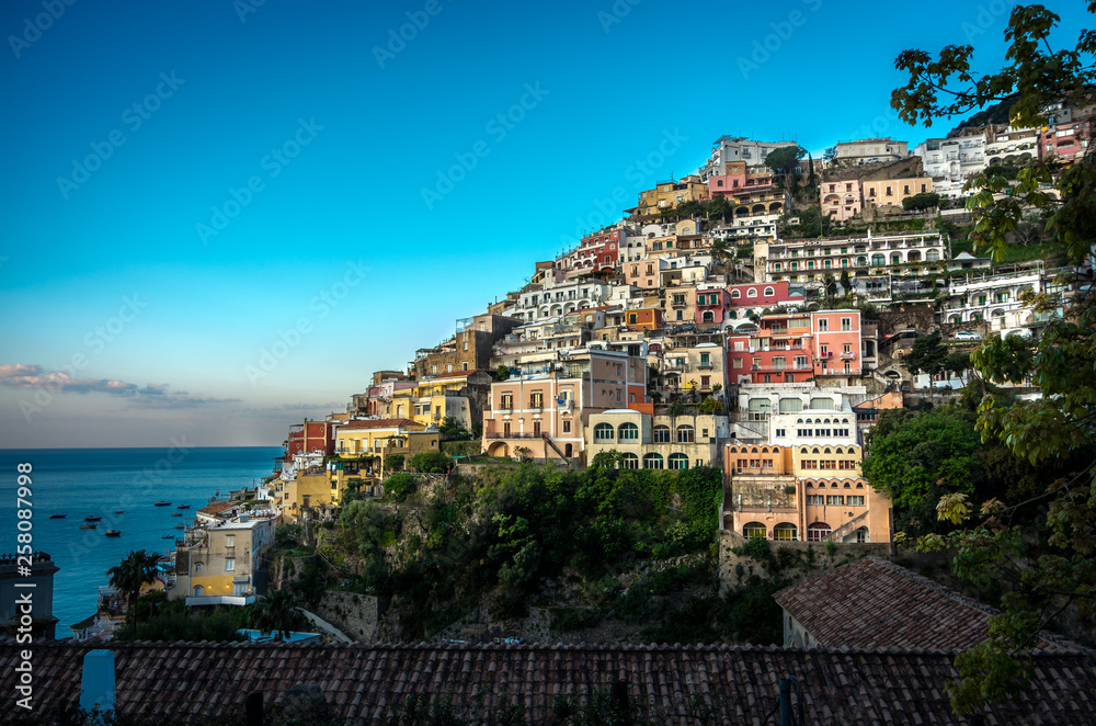 Panorama of beautiful coastal town - Positano by Amalfi Coast in Italy during summer's daylight, Positano, Italy