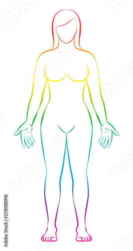 Female body shape. Rainbow gradient colored human silhouette. Outline vector illustration on white background.