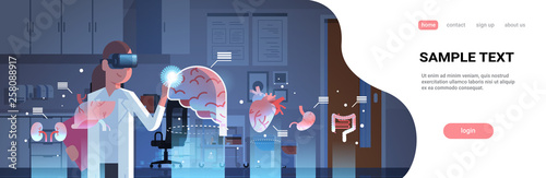 female doctor wearing digital glasses touching virtual reality brain human organs infographic anatomy medical vr headset vision concept hospital interior portrait horizontal copy space