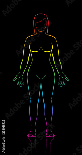Female body shape of young woman with long hair. Rainbow gradient colored silhouette. Outline vector illustration on black background.