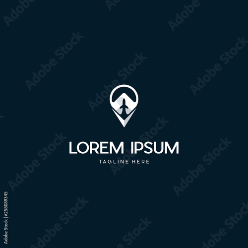 Travel and tour logo concept, airplane icon with pin map symbol. Air travel logo template. Travel. Pin. Location on map logo concept. Plane icon. Plane. Plane vector.