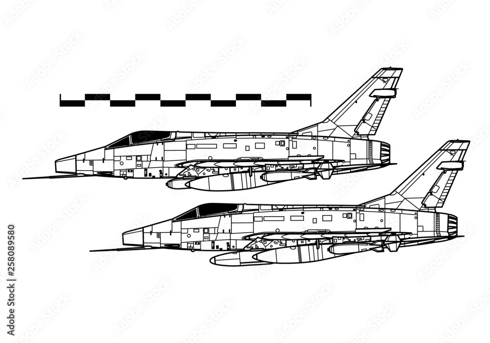 North American F-100 SUPER SABRE. Outline drawing North American F-100 SUPER SABRE. Outline drawing