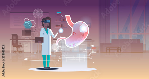 female doctor nurse wearing digital glasses looking virtual reality stomach human organ anatomy healthcare medical vr headset vision concept clinic room interior full length horizontal