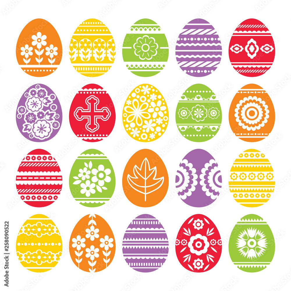 Silhouettes of color easter eggs isolated on white background. Holiday Easter Eggs decorated with flowers and leafs. Print design, label, sticker, scrap booking, stamp, vector illustration Silhouettes of color easter eggs isolated on white background. Holiday Easter Eggs decorated with flowers and leafs. Print design, label, sticker, scrap booking, stamp, vector illustration