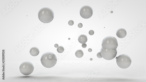 3D rendering of many white balls of different sizes, in space. Pearls. Image isolated on white background. 3D rendering