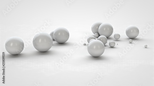 3D rendering lots of white balls of different sizes are scattered on a white surface. Pearls, precious . Image isolated on white background. 3D rendering