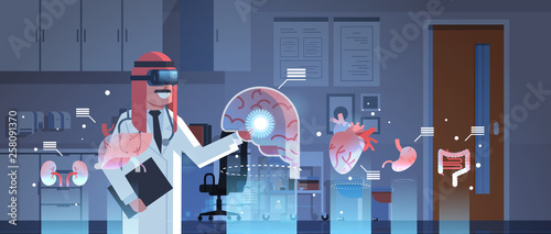 male arab doctor wearing digital glasses touching virtual reality brain human organs infographic anatomy medical vr headset vision concept hospital office interior portrait horizontal