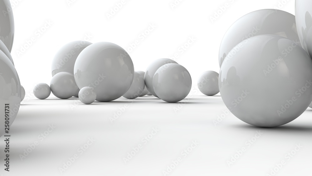 3D illustration of balls of different sizes on a white surface. The idea of order, chaos and abstraction. Comparative image of the geometry of space. 3D rendering isolated on white background. 3D illustration of balls of different sizes on a white surface. The idea of order, chaos and abstraction. Comparative image of the geometry of space. 3D rendering isolated on white background.