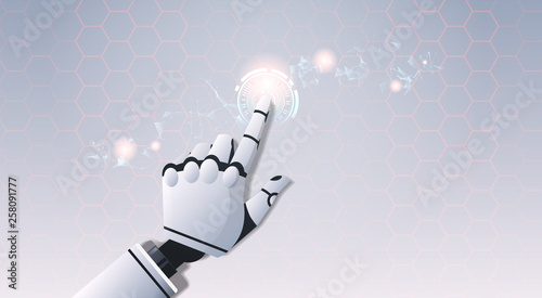 robot hand touching abstract virtual user interface touchscreen artificial intelligence digital futuristic technology concept flat horizontal
