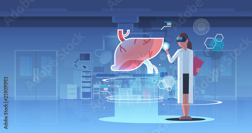 female doctor wearing digital glasses looking virtual reality liver human organ anatomy healthcare medical vr headset vision concept operation room interior full length horizontal