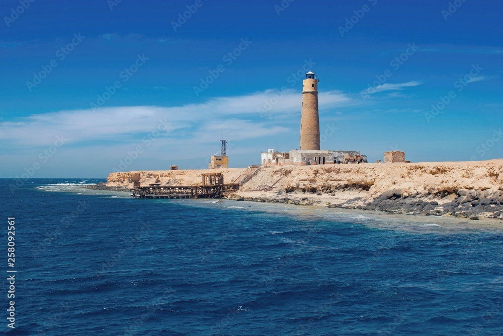 Lonely island with lighthouse, Big Brother Island, Red Sea Egypt