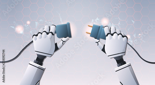 robot hands inserting plug in socket ready to connect top angle view artificial intelligence digital futuristic technology concept flat horizontal