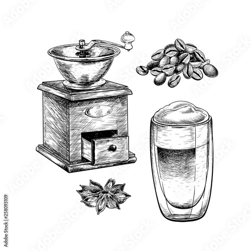 Coffee set. Hand drawn coffee cup of cappuccino or late and retor hand grinder with spices. Vector engraved icon. Morning fresh drink. For restaurant and cafe menu, coffee shop design template.