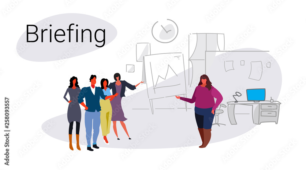 overweight woman giving presentation to businesspeople group teamwork training conference meeting briefing concept modern office interior sketch doodle full length horizontal