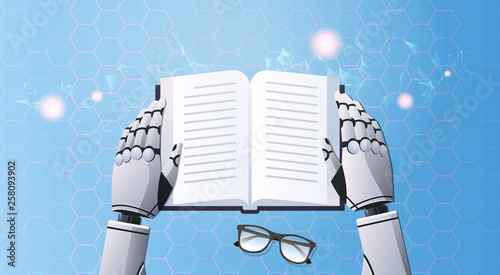 robot hands holding note book humanoid reading text top angle view artificial intelligence digital futuristic technology concept horizontal