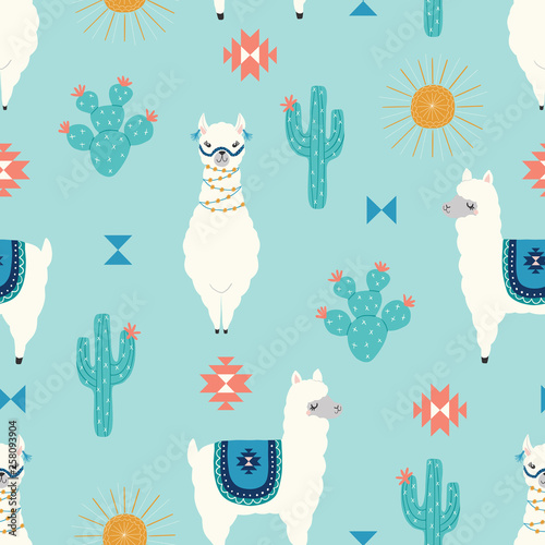 vector seamless kids pattern of cute llamas with cactus, suns and geometric shapes on a blue background