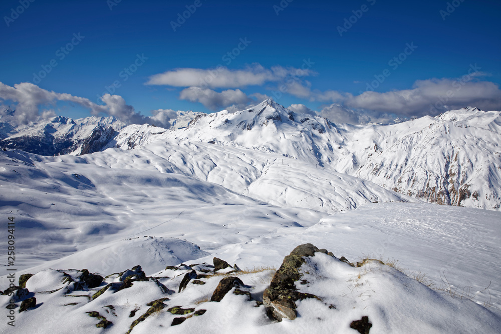 Val Thorens, France - March 5, 2019: Val Thorens, located in the Tarentaise Valley, Savoie, French Alps, is the highest ski resort in Europe