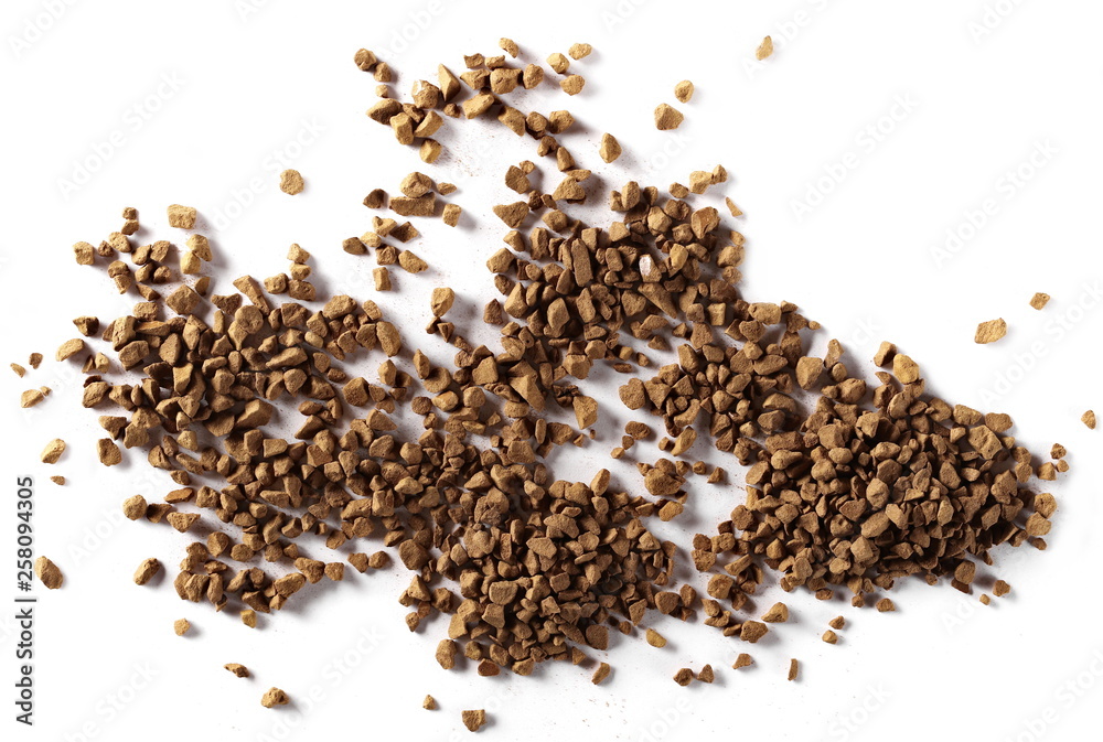 Instant coffee granules, isolated on white background, top view Instant coffee granules, isolated on white background, top view