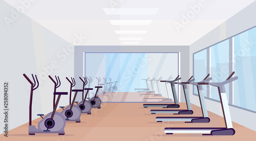 treadmills and stationary bicycles modern equipment sport activities healthy lifestyle concept empty no people gym interior design horizontal