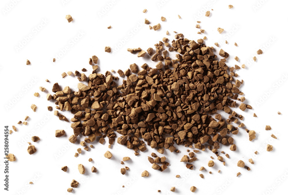 Instant coffee granules, isolated on white background, top view Instant coffee granules, isolated on white background, top view