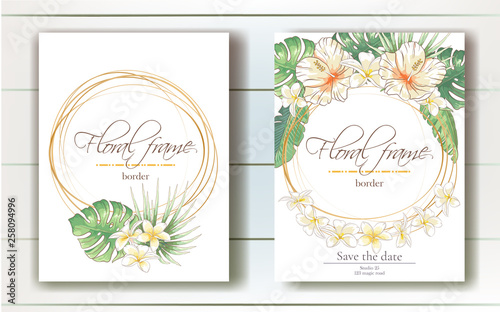 Vector delicate invitation with hibiscus and plumeria flowers and palm leaves for wedding, marriage, bridal, birthday, Valentine's day. Floral border with sketch colorful blossoms.