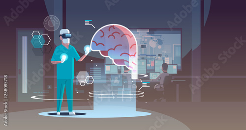 male doctor wearing digital glasses looking virtual reality brain human organ anatomy healthcare medical vr headset vision concept hospital operating room interior full length horizontal