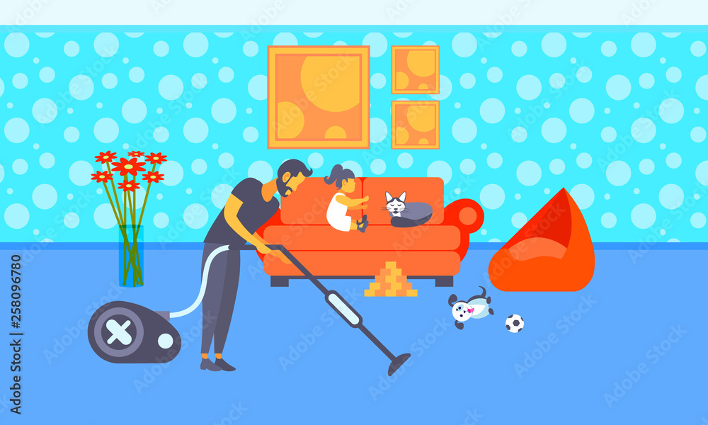 Fototapeta premium father cleaning floor with vacuum cleaner while little girl playing with cat on sofa family spending time together housekeeping concept living room interior full length horizontal