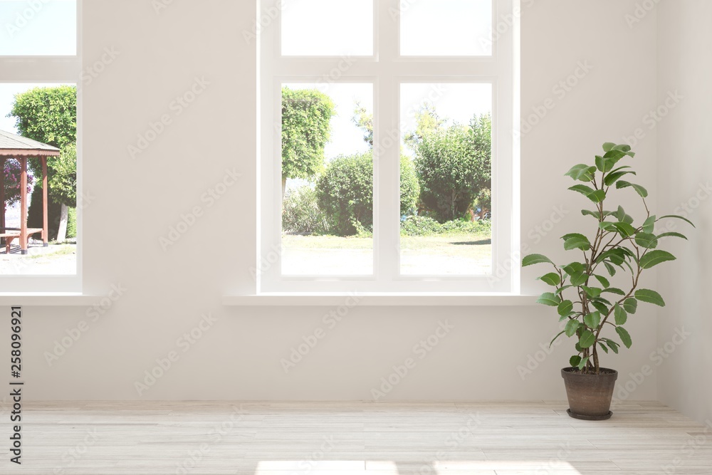 Fototapeta premium White stylish empty room with summer landscape in window. Scandinavian interior design. 3D illustration
