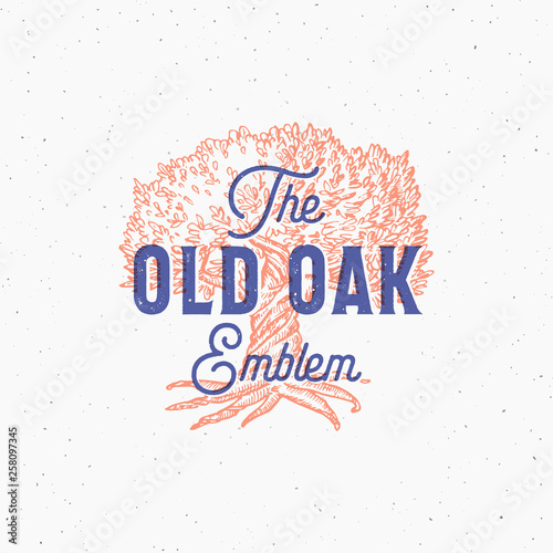 Old Oak Abstract Vector Sign, Symbol or Logo Template. Hand Drawn Oak Tree Sketch Sillhouette with Retro Typography. Vintage Emblem with Shabby Textures.