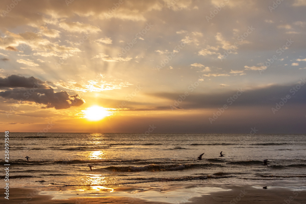 Sunrise at  Phinikoudes Beach in Larnaca, Cyprus. 