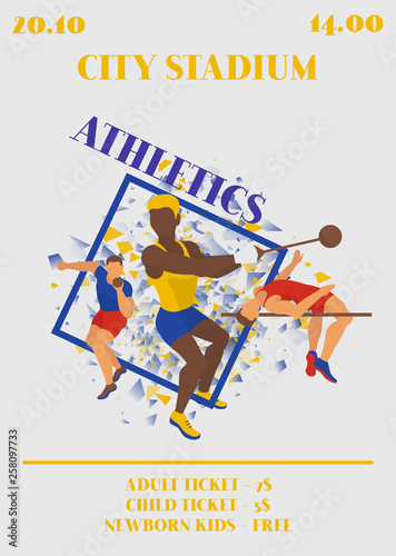 Competition poster. Athlete man vector illustration. Exercising male in different poses. Man figures are training. City stadium. Date and time of event. Jumping and shot putting.