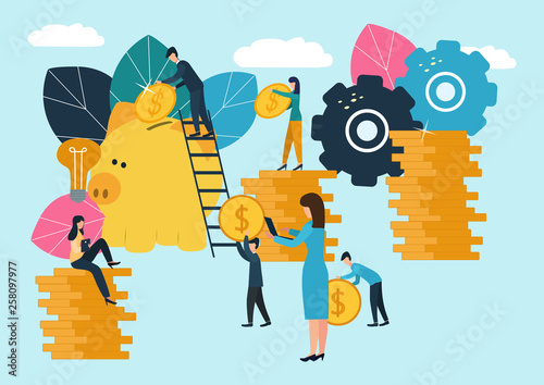 Vector flat illustrations, big piggy bank on white background, financial services, bankers do the work, hoard or save money.