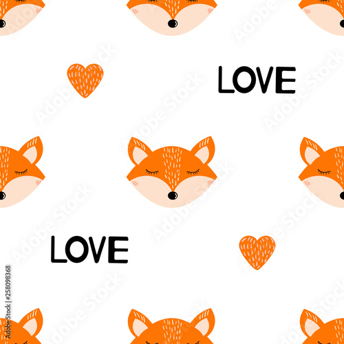 Seamless pattern with fox faces, hearts and words Love on the white background.
