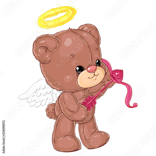 Cute little angel teddy bear with arrow of cupid. Greeting card with St. Valentine's Day.