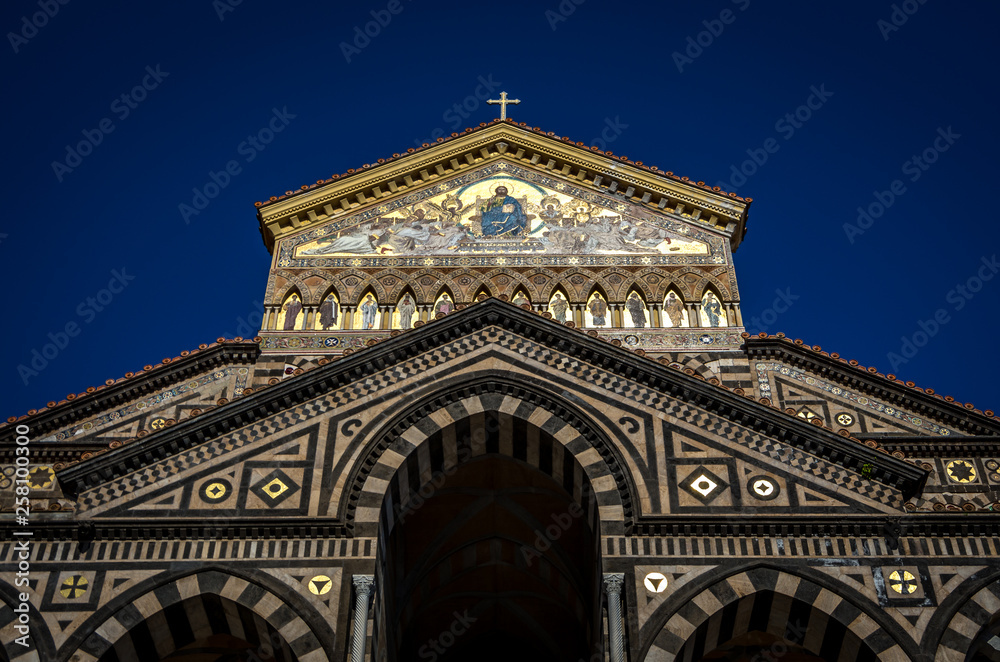 Front entrance of the Amalfi cathedral dedicated to the Apostle Saint Andrew in the Piazza del Duomo in Amalfi Italy