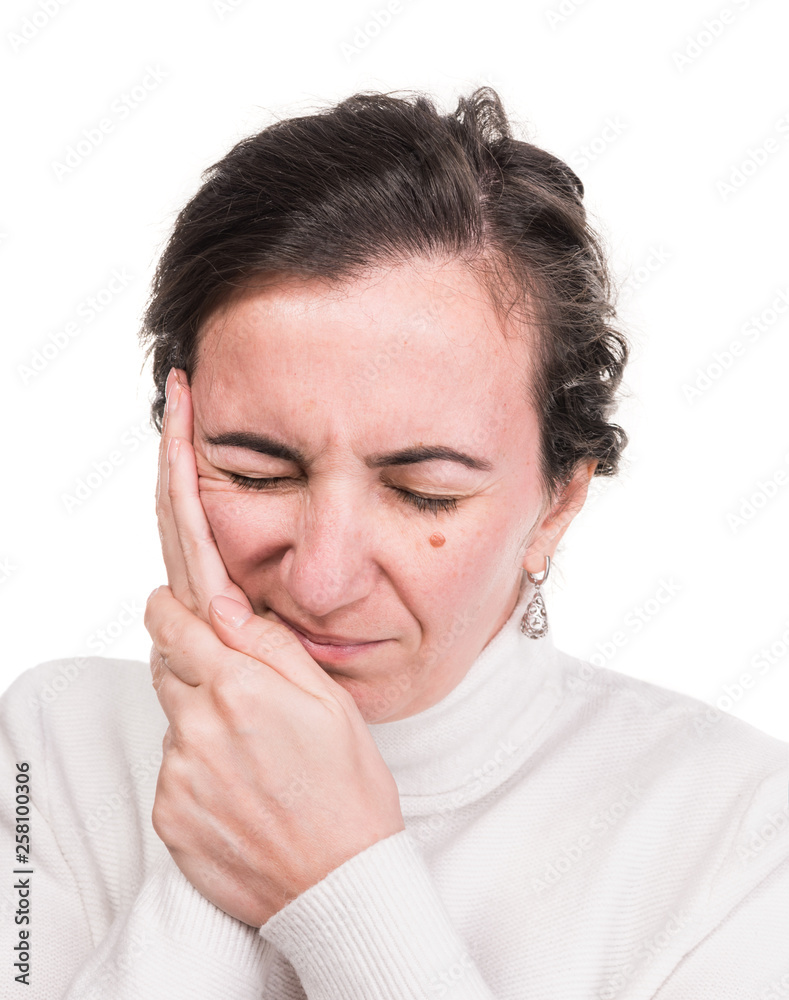  Healthcare, stress and headache concept. Stressedl woman touching temples over white background