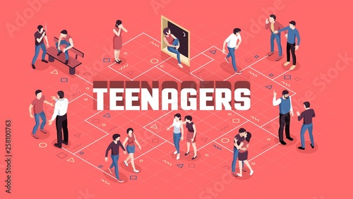 Isometric Teenagers Flowchart Composition