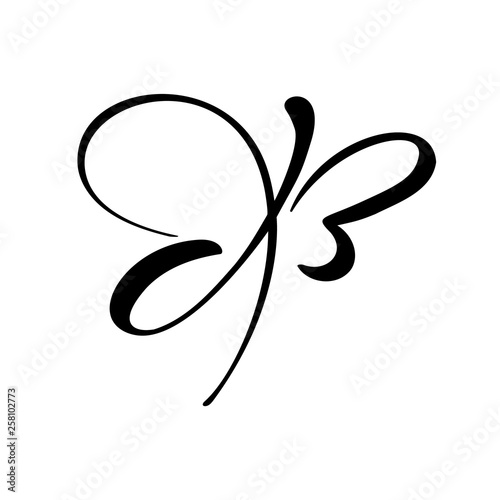 Hand drawn calligraphy logo of butterfly. Beauty cosmetic concept. Ecology vector element. Illustration eco icon design for wedding and Holiday Day, greeting card, spa