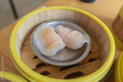 shrimp Dim Sum dumplings in bamboo basket