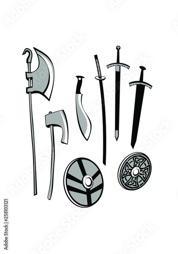 medieval veapon. battle ax, sword, samurai sword, viking shield, kukri knife. Set for logo or illustrations photo